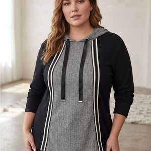 Plus Size Black & Gray Hooded Pullover with Stripe Detail hoodie sweatshirt 3XL